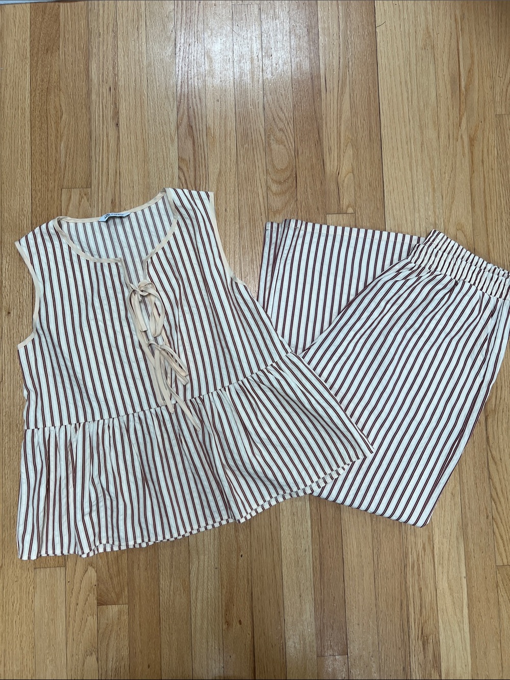 Cupshe Cream & Burgundy Stripe Peplum Top Wide Leg Pant Set
